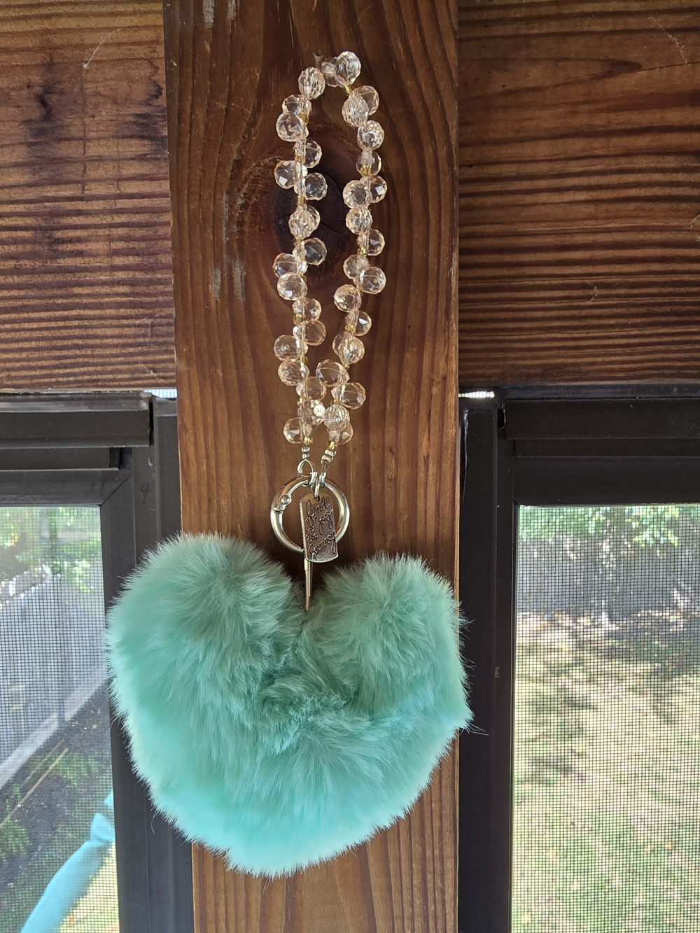 Find Joy In The Journey Plush Heart Pom-Pom Keychain Wristlet - Mint